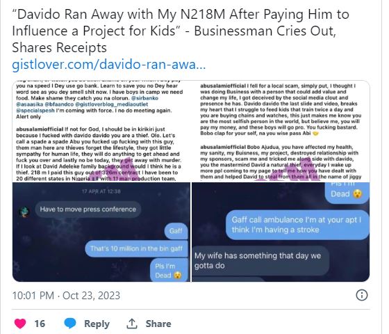 I paid Davido N218M to influence a project for kids but ran away" - Businessman claims